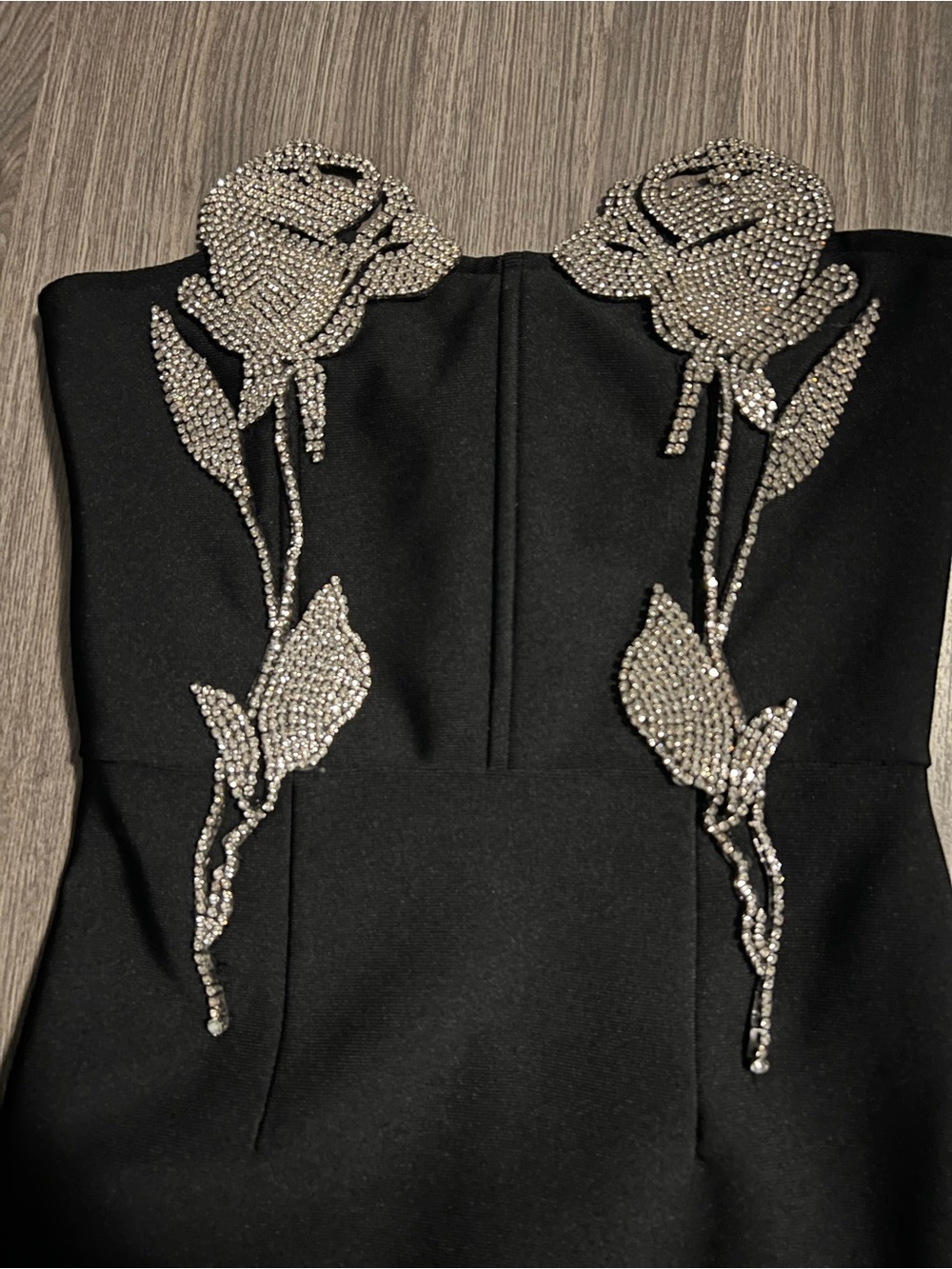 Fashion Nova Black Strapless Dress with Crystal Rose Embellishments